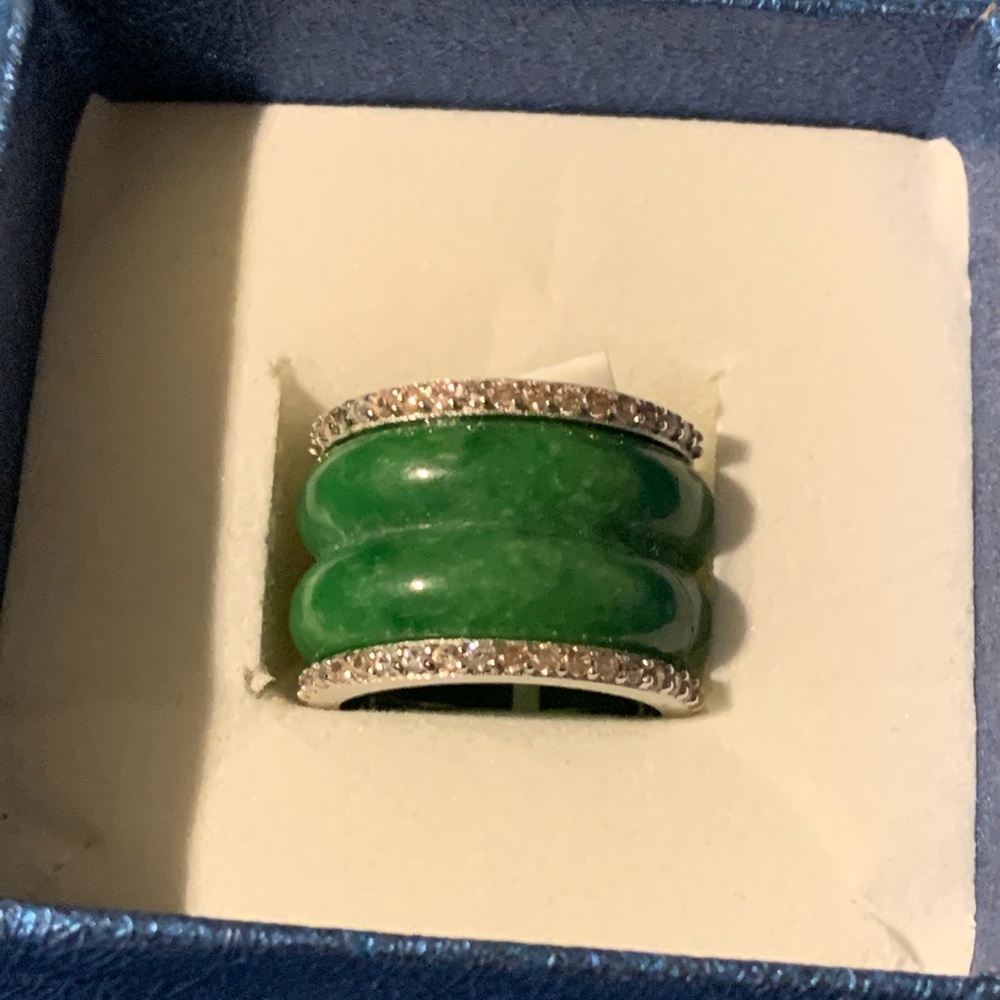 Green jadeite jade ring with white zircon